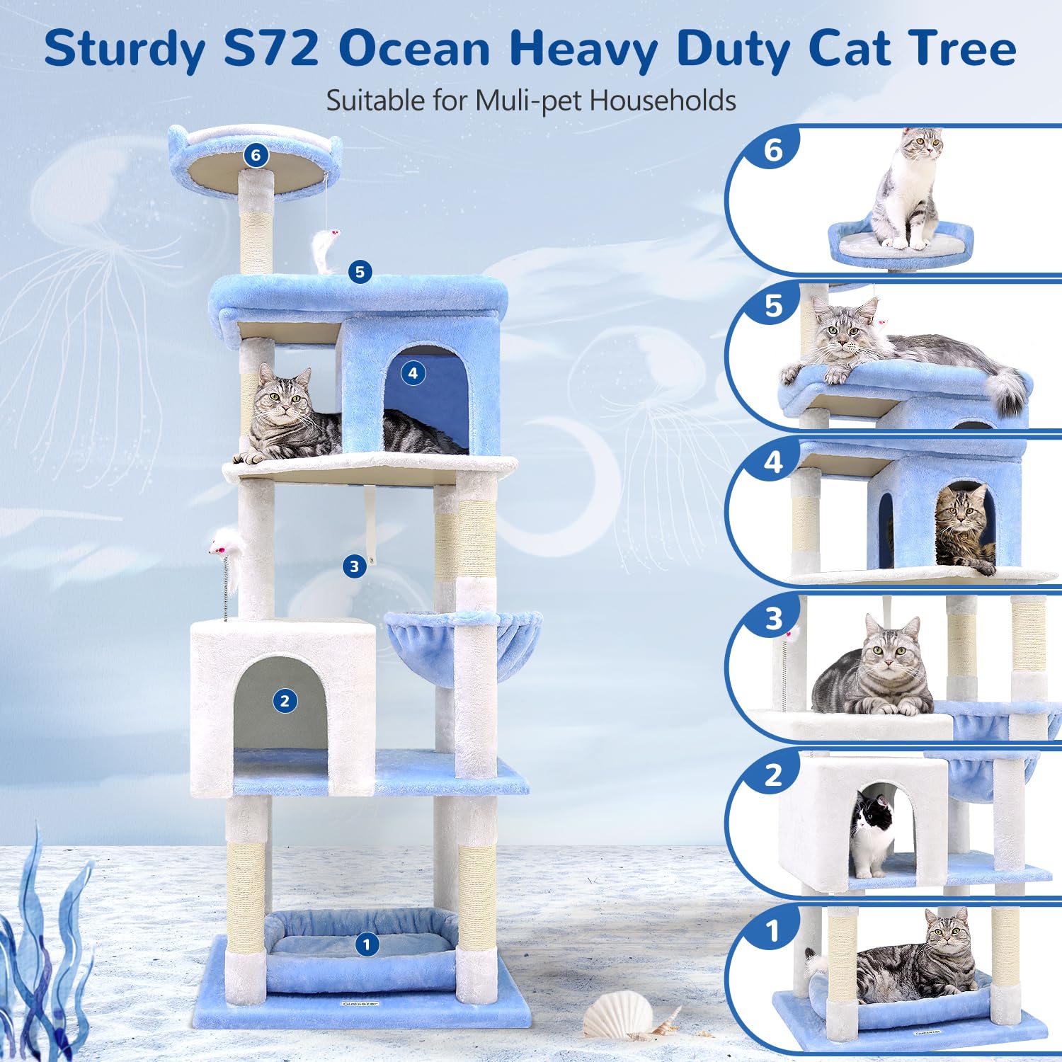 Globlazer S72 Heavy Duty Ocean Blue Cat Tree For Large Cats, Sturdy 72In Maine Coon Cat Tree For Large Cats 20 Lbs+, Cool Heavy